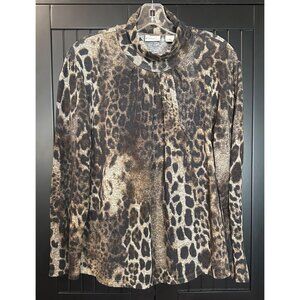 Kim Rogers Top Womens XL Leopard Print Long Sleeve Tan Black